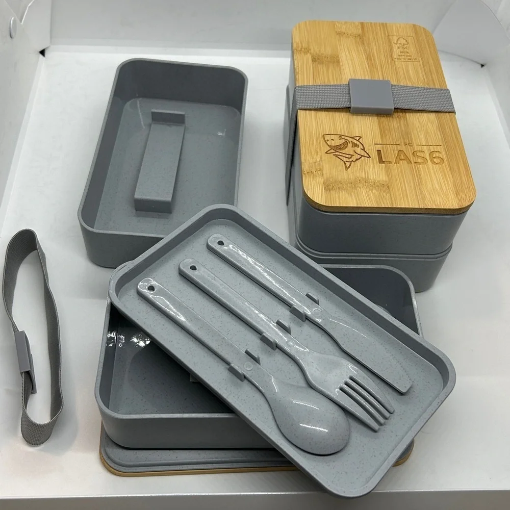 Bamboo and Gray Bento Japanese Wood Bento Lunch Boxes 2 Layer. Set of two